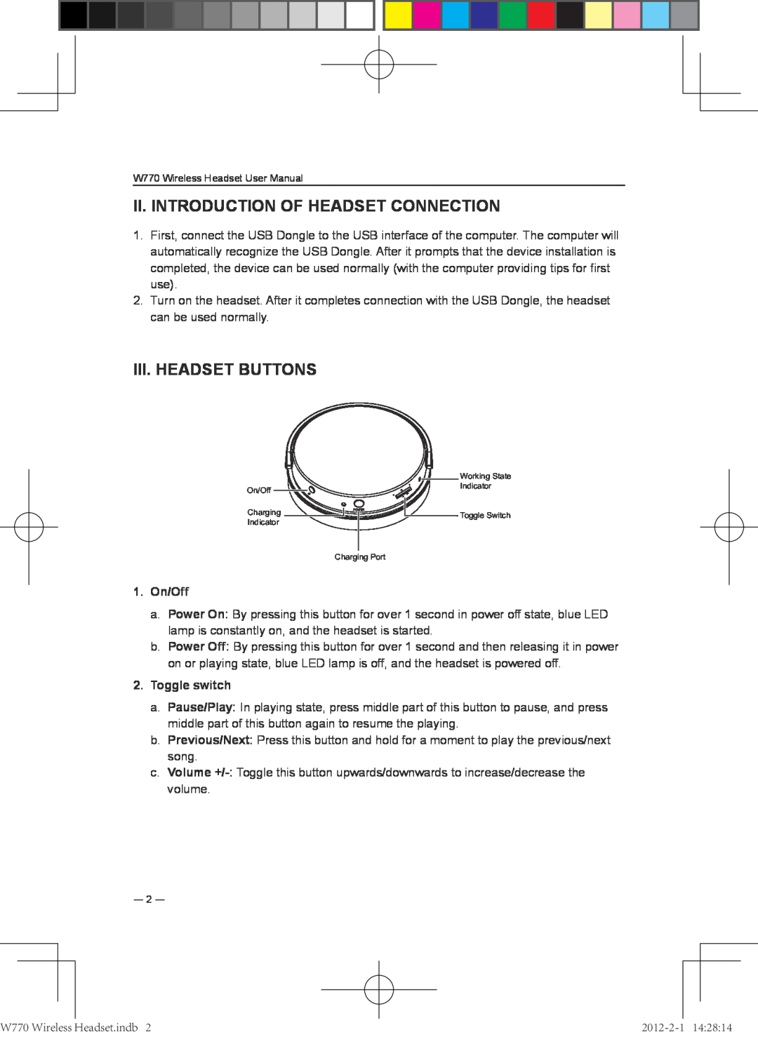 Lenovo W770 user manual II. Introduction of headset connection, III. Headset buttons, 1.On/Off, Toggle switch 