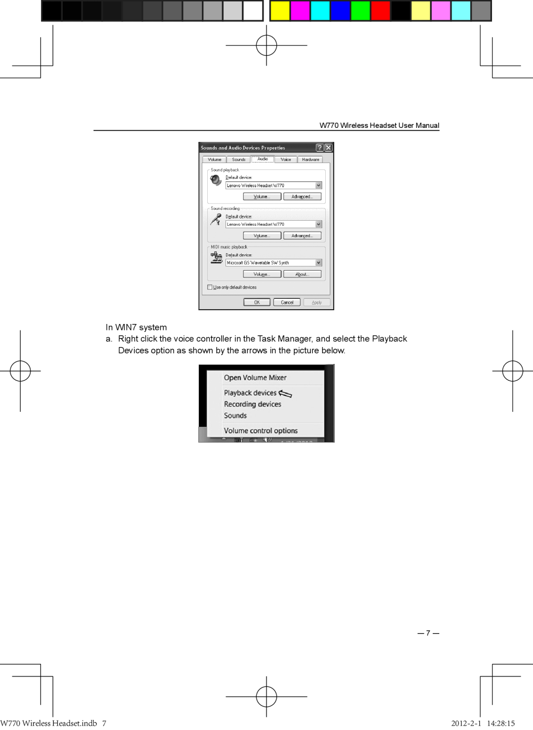 Lenovo user manual In WIN7 system, W770 Wireless Headset.indb, 2012-2-114 28, ― 7 ― 