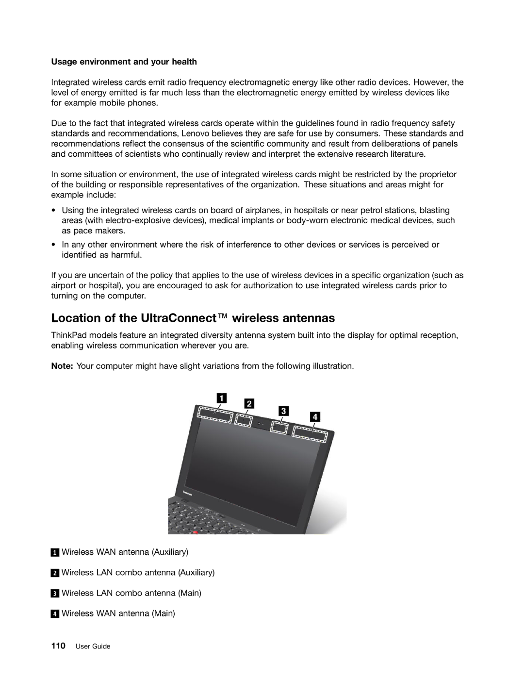 Lenovo I53427U4GB, X1, I53427U180SSD manual Location of the UltraConnect wireless antennas, Usage environment and your health 