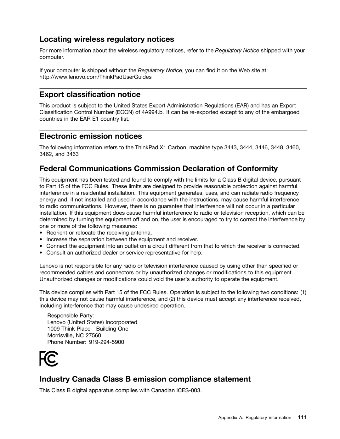 Lenovo I53427U180SSD, X1 Locating wireless regulatory notices, Export classification notice, Electronic emission notices 