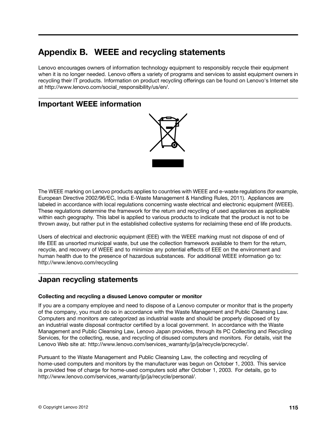 Lenovo I53427U4GB Appendix B. Weee and recycling statements, Important Weee information, Japan recycling statements, 115 