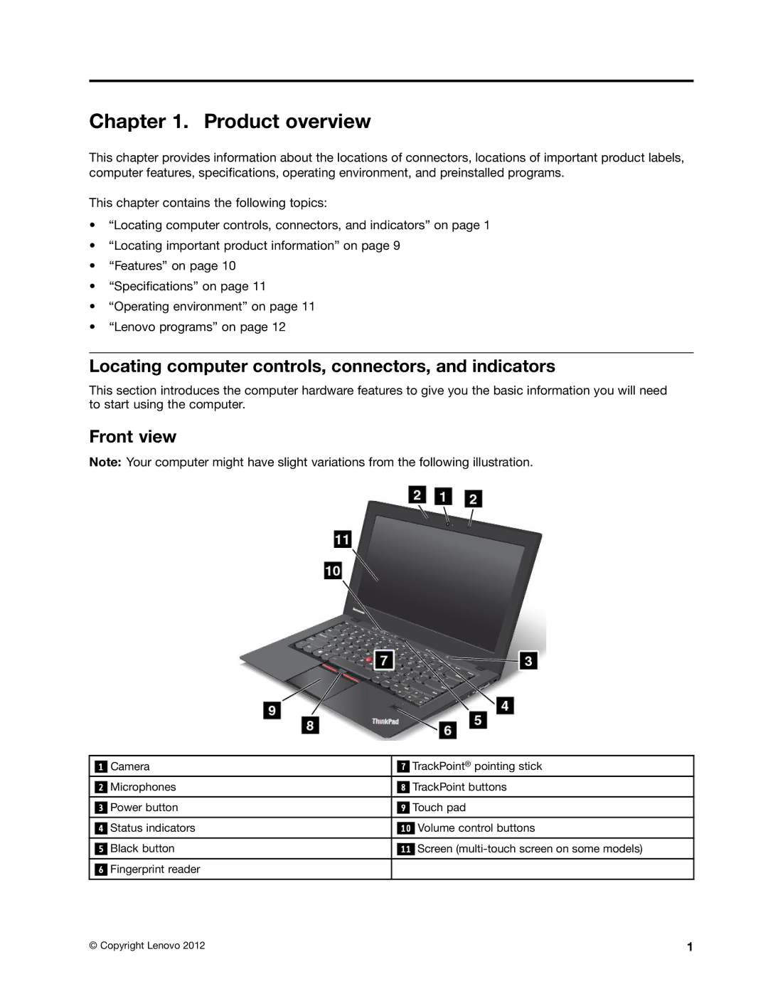 Lenovo I53427U180SSD, X1, I53427U4GB Product overview, Locating computer controls, connectors, and indicators, Front view 