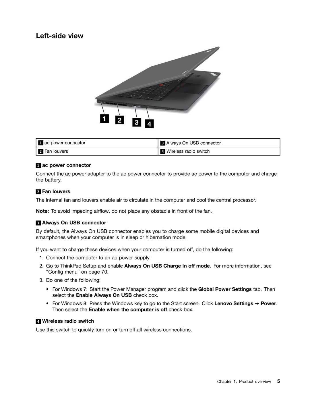 Lenovo I53427U4GB, X1 manual Left-side view, Ac power connector, Fan louvers, Always On USB connector, Wireless radio switch 