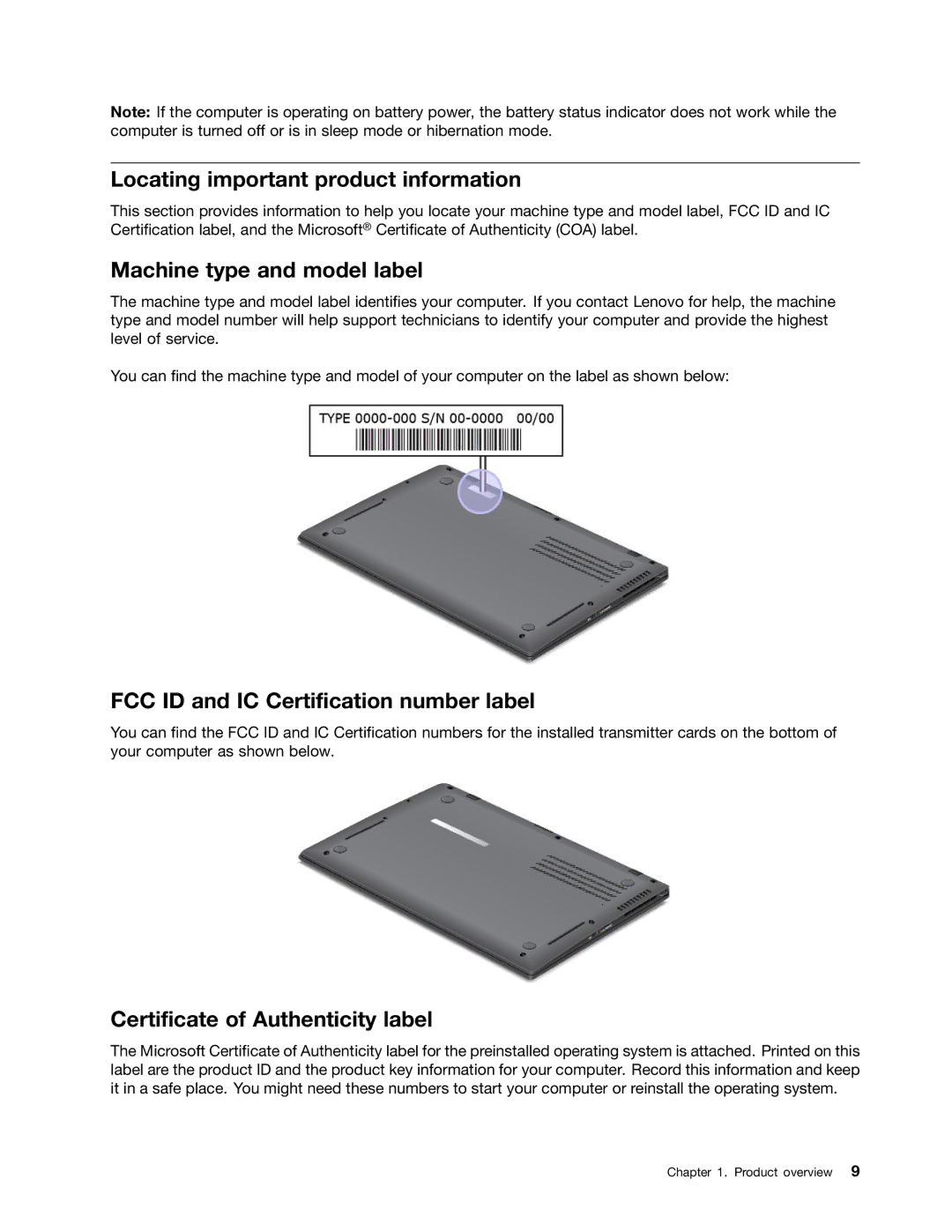 Lenovo X1 Locating important product information, Machine type and model label, FCC ID and IC Certification number label 