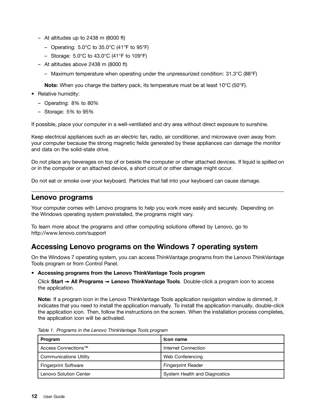 Lenovo 3444GZU, X1, I53427U4GB, 3444GXU Accessing Lenovo programs on the Windows 7 operating system, Program Icon name 