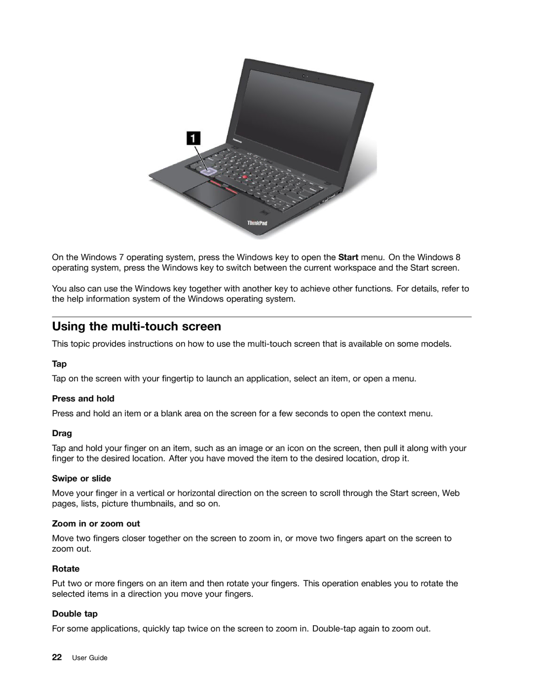 Lenovo 3444GZU, X1, I53427U4GB, I53427U180SSD, 3444GXU manual Using the multi-touch screen 