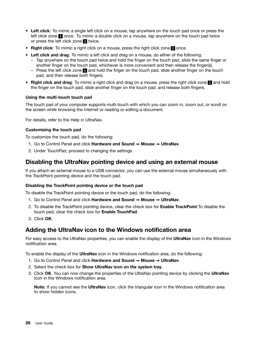 Lenovo I53427U180SSD, X1 manual Adding the UltraNav icon to the Windows notification area, Using the multi-touch touch pad 