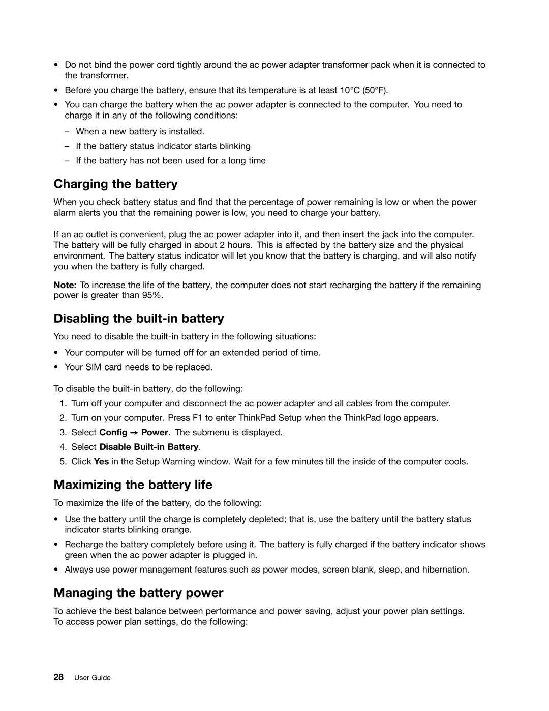 Lenovo 3444GXU, X1, I53427U4GB, 3444GZU Charging the battery, Disabling the built-in battery, Maximizing the battery life 