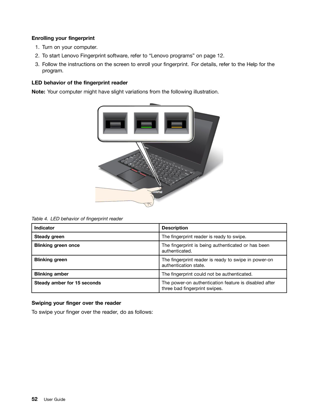 Lenovo 3444GZU, X1 Enrolling your fingerprint, LED behavior of the fingerprint reader, Swiping your finger over the reader 