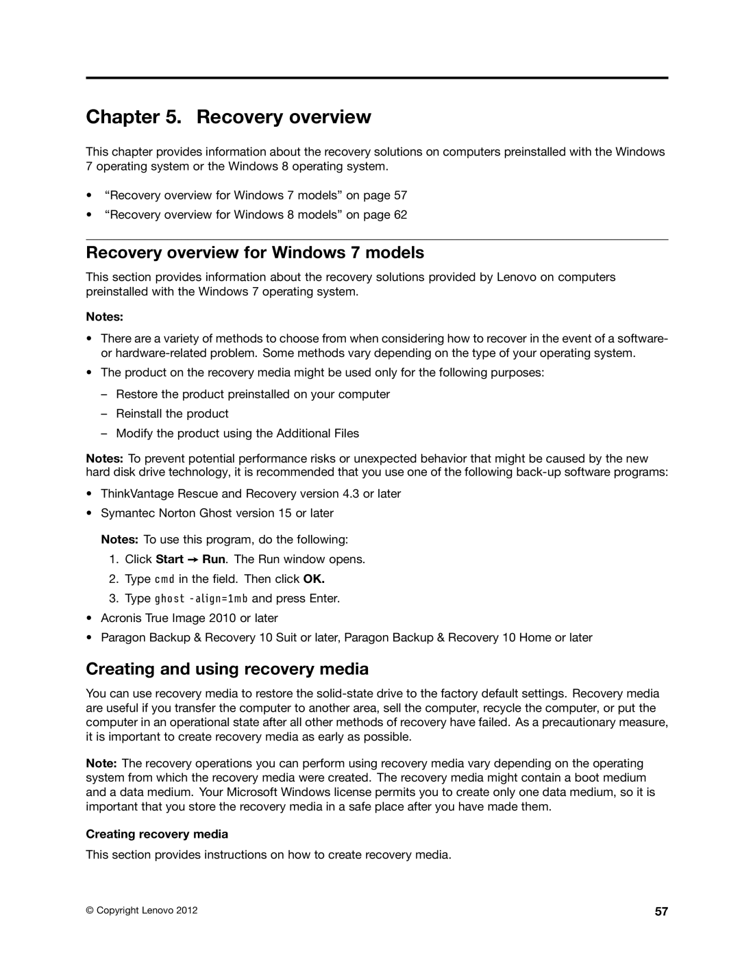 Lenovo 3444GZU, X1 Recovery overview for Windows 7 models, Creating and using recovery media, Creating recovery media 