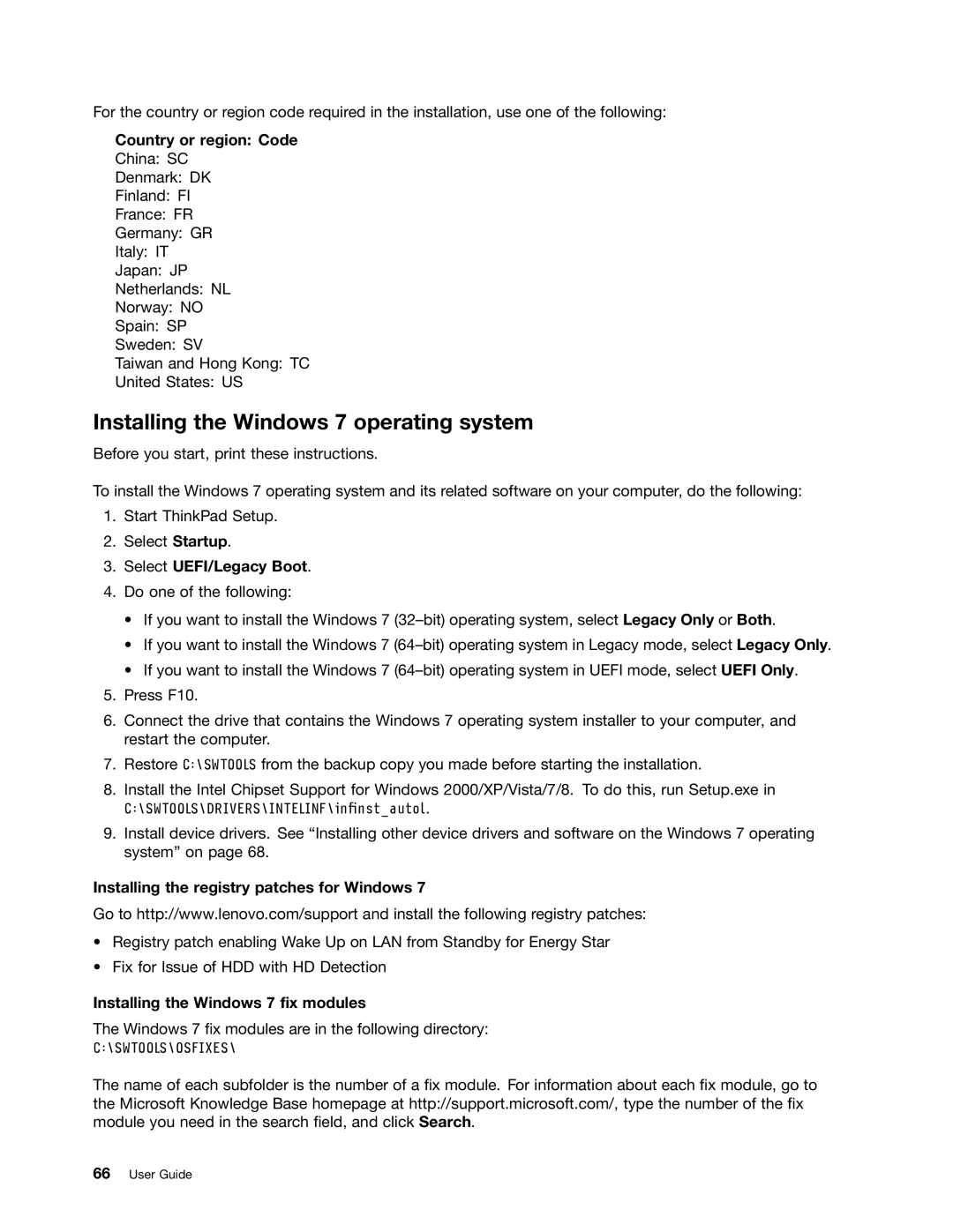 Lenovo I53427U180SSD, X1 manual Installing the Windows 7 operating system, Country or region Code, Select UEFI/Legacy Boot 