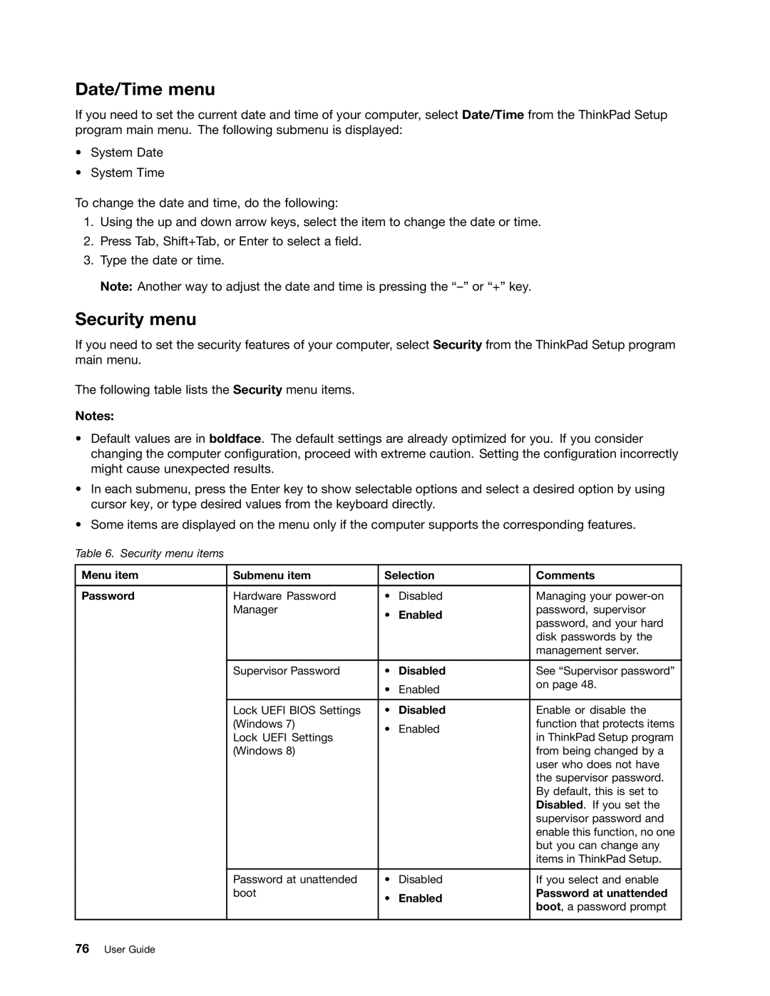 Lenovo I53427U180SSD, X1, I53427U4GB manual Date/Time menu, Security menu, Menu item Submenu item Selection Comments Password 