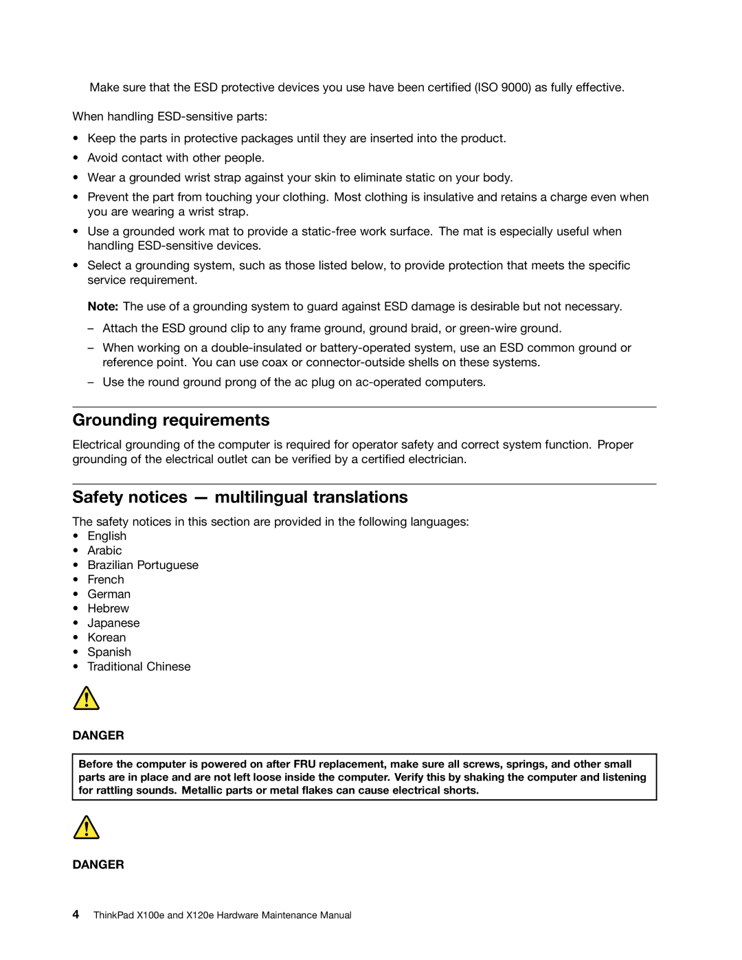 Lenovo X120E manual Grounding requirements, Safety notices multilingual translations 