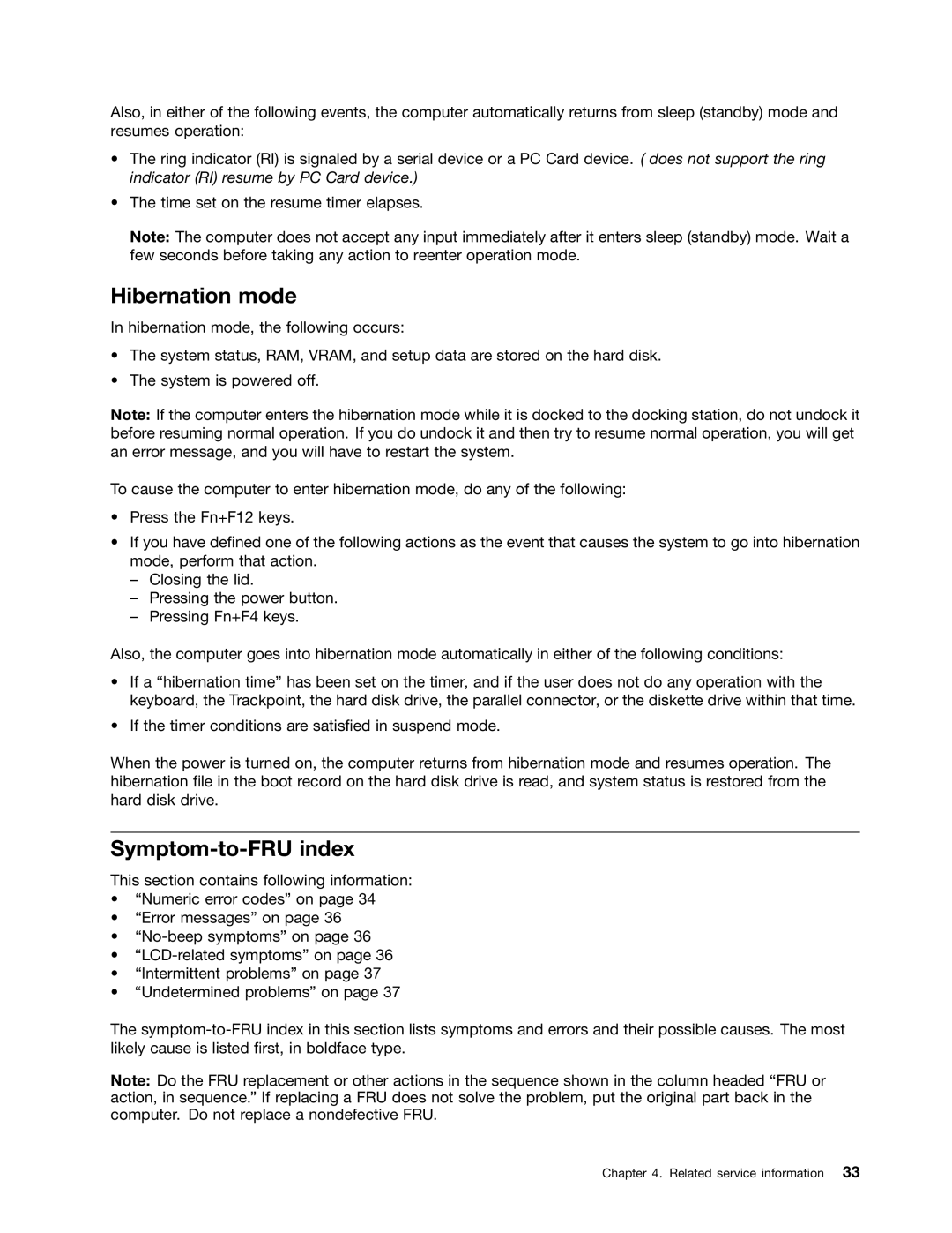 Lenovo X120E manual Hibernation mode, Symptom-to-FRU index 