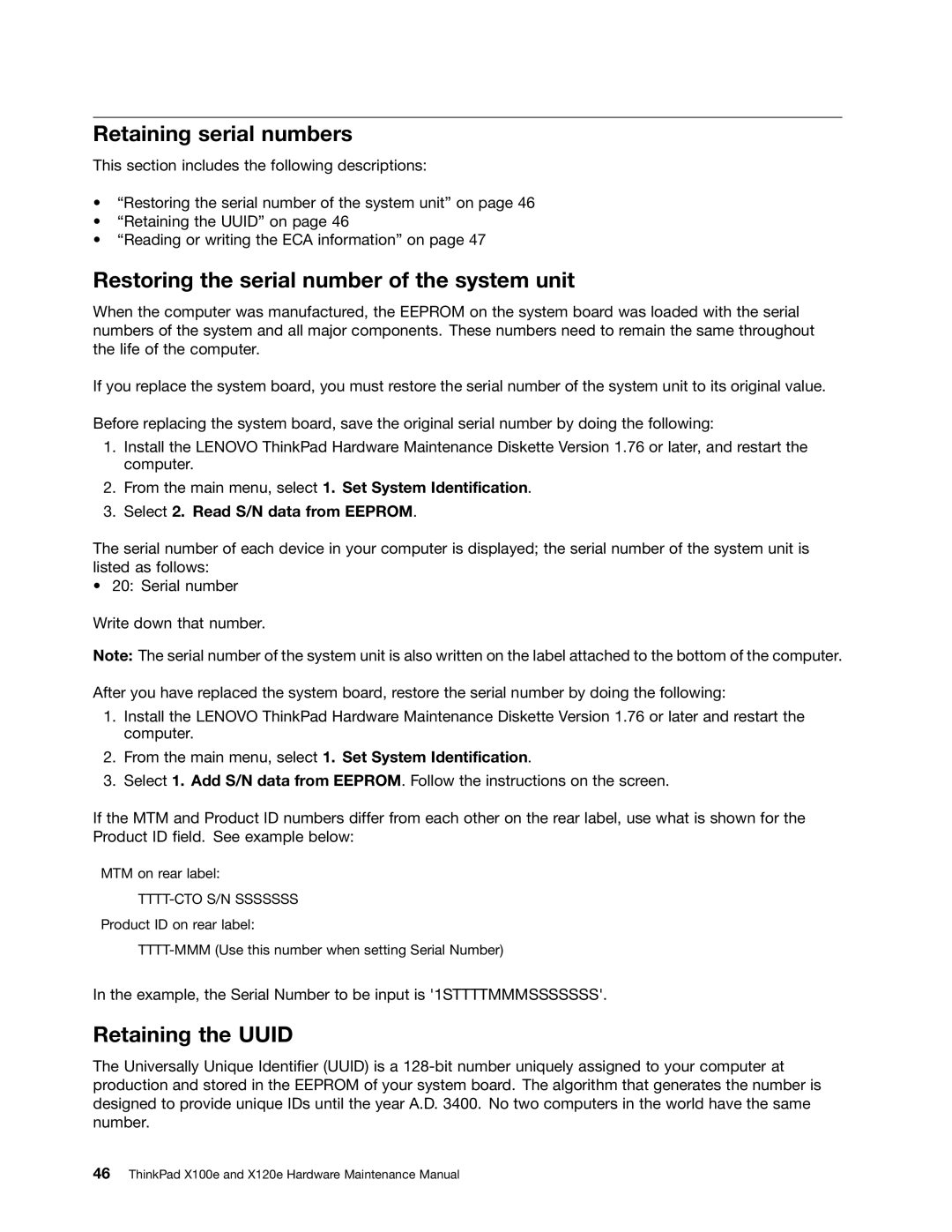 Lenovo X120E manual Retaining serial numbers, Restoring the serial number of the system unit, Retaining the Uuid 