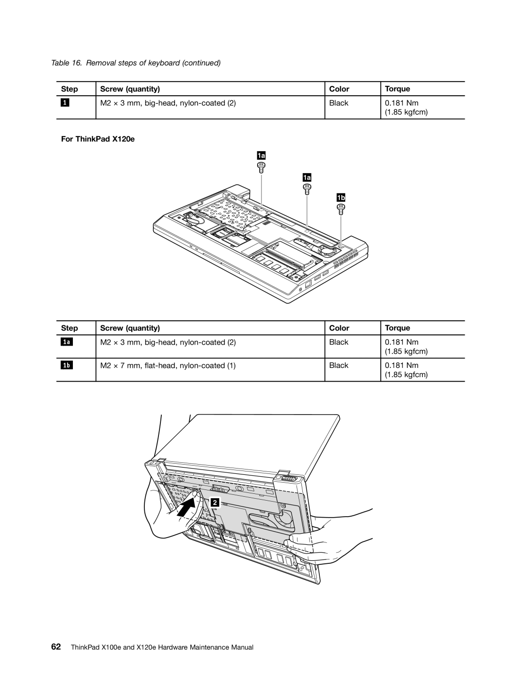 Lenovo X120E manual For ThinkPad X120e Step Screw quantity Color Torque 