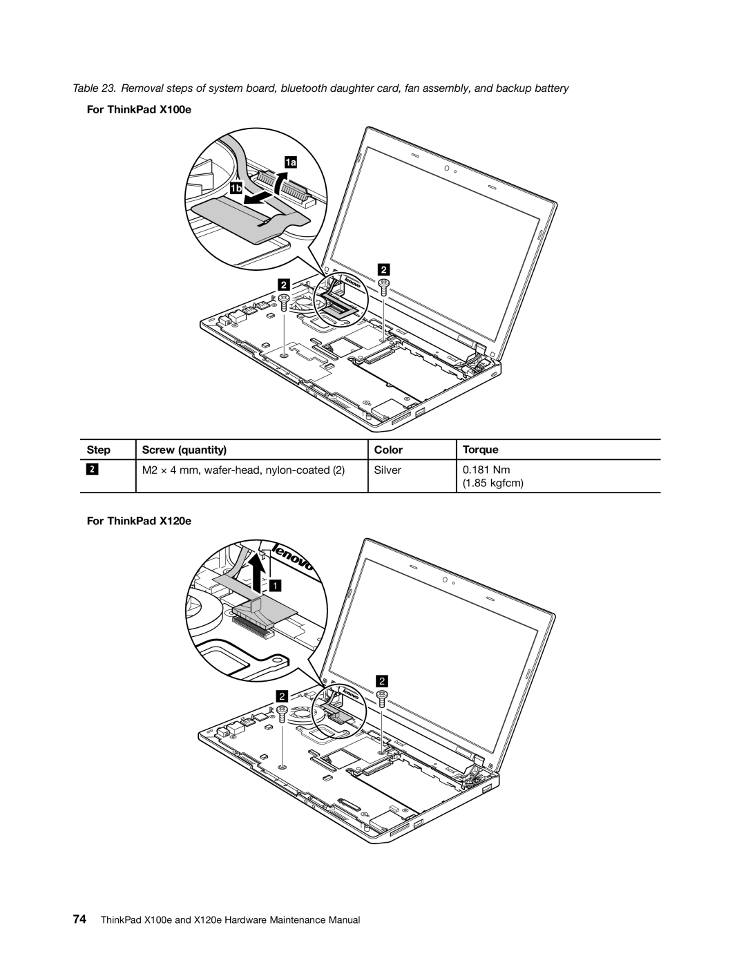 Lenovo X120E manual For ThinkPad X100e Step Screw quantity Color Torque 