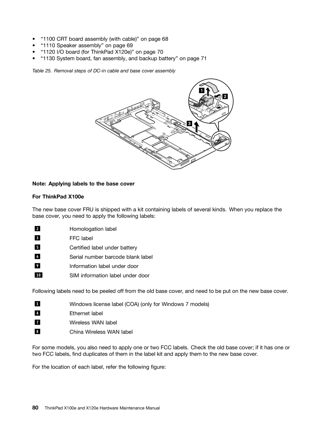 Lenovo X120E manual Removal steps of DC-in cable and base cover assembly 