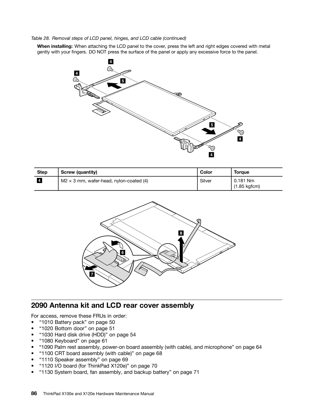 Lenovo X120E manual Antenna kit and LCD rear cover assembly 