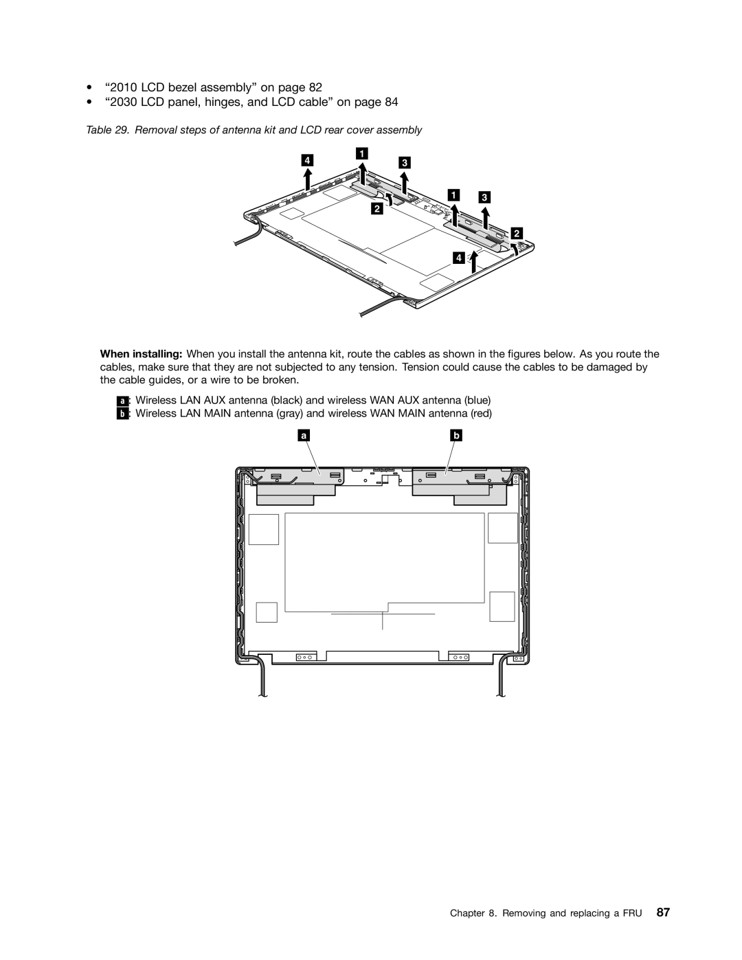 Lenovo X120E manual LCD bezel assembly on LCD panel, hinges, and LCD cable on 