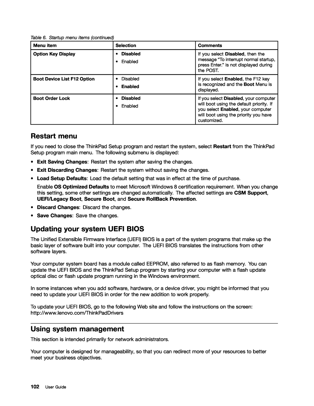 Lenovo X131E manual Restart menu, Updating your system UEFI BIOS, Using system management 