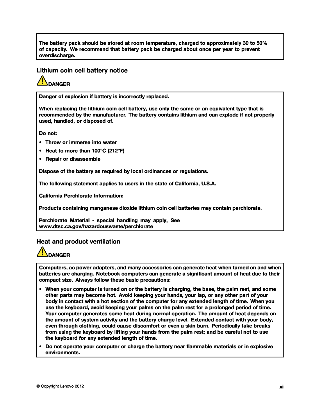 Lenovo X131E manual Lithium coin cell battery notice, Heat and product ventilation, Repair or disassemble, Danger 