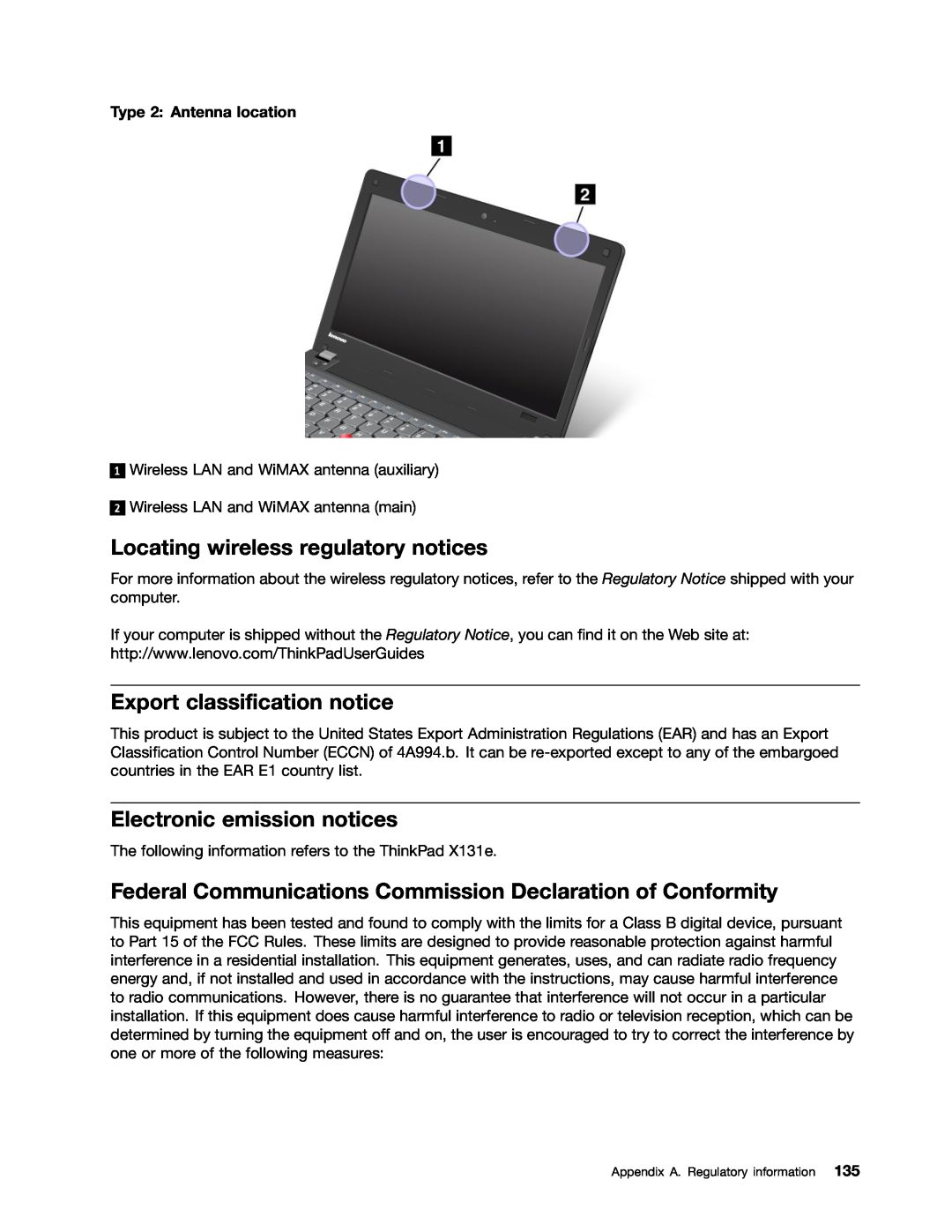 Lenovo X131E manual Locating wireless regulatory notices, Export classification notice, Electronic emission notices 