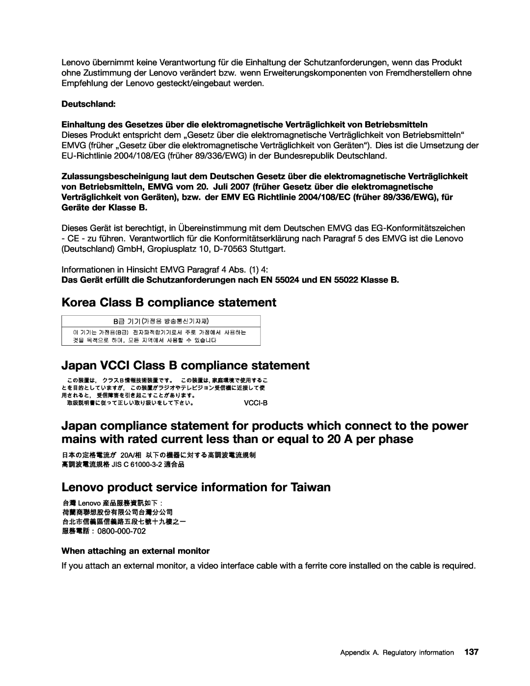 Lenovo X131E manual Korea Class B compliance statement, Japan VCCI Class B compliance statement, Deutschland 