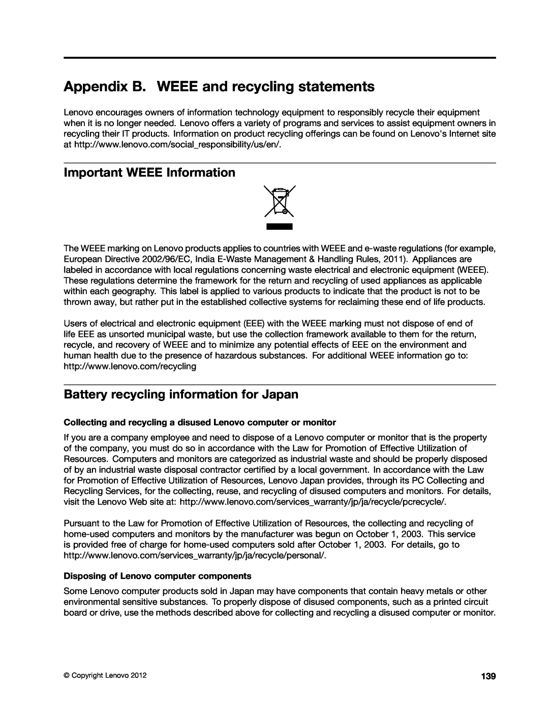 Lenovo X131E manual Appendix B. WEEE and recycling statements, Important WEEE Information 