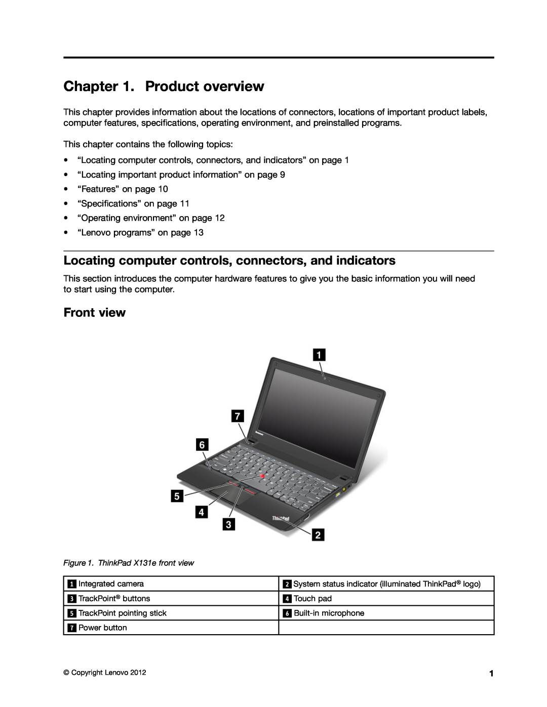 Lenovo X131E manual Product overview, Locating computer controls, connectors, and indicators, Front view 