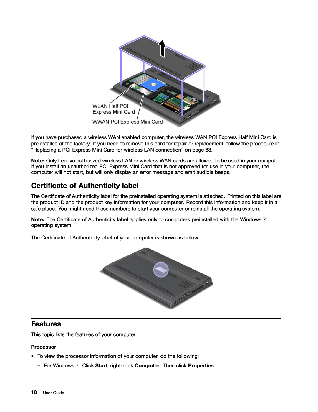 Lenovo X131E manual Certificate of Authenticity label, Features, Processor 