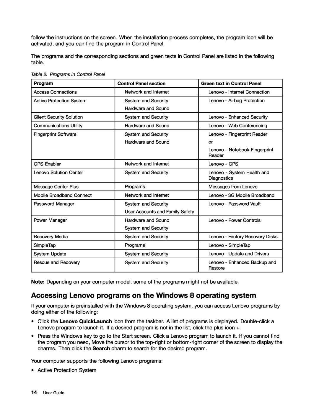 Lenovo X131E manual Accessing Lenovo programs on the Windows 8 operating system, Programs in Control Panel 