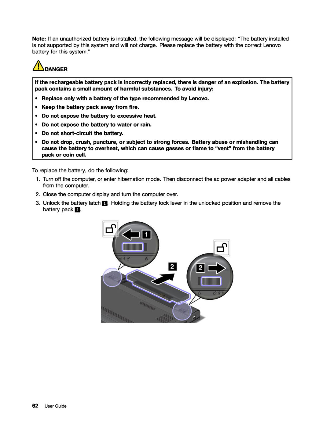 Lenovo X131E manual Do not expose the battery to excessive heat, Do not expose the battery to water or rain, Danger 