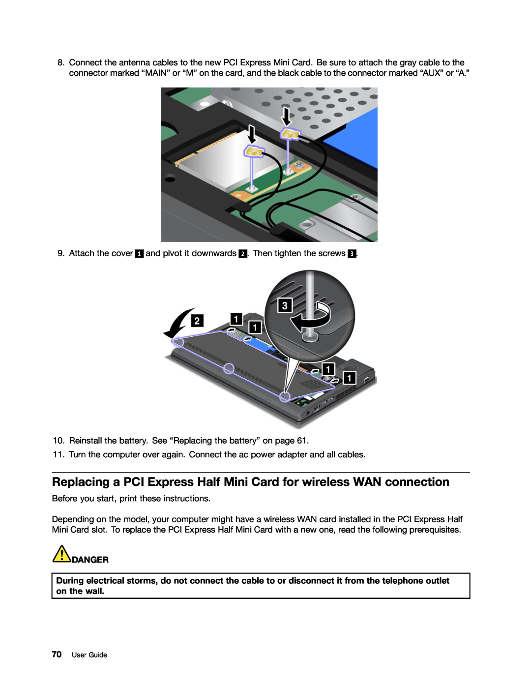 Lenovo X131E manual Replacing a PCI Express Half Mini Card for wireless WAN connection, Danger, User Guide 