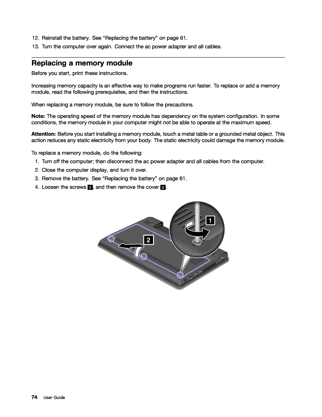 Lenovo X131E manual Replacing a memory module, User Guide 