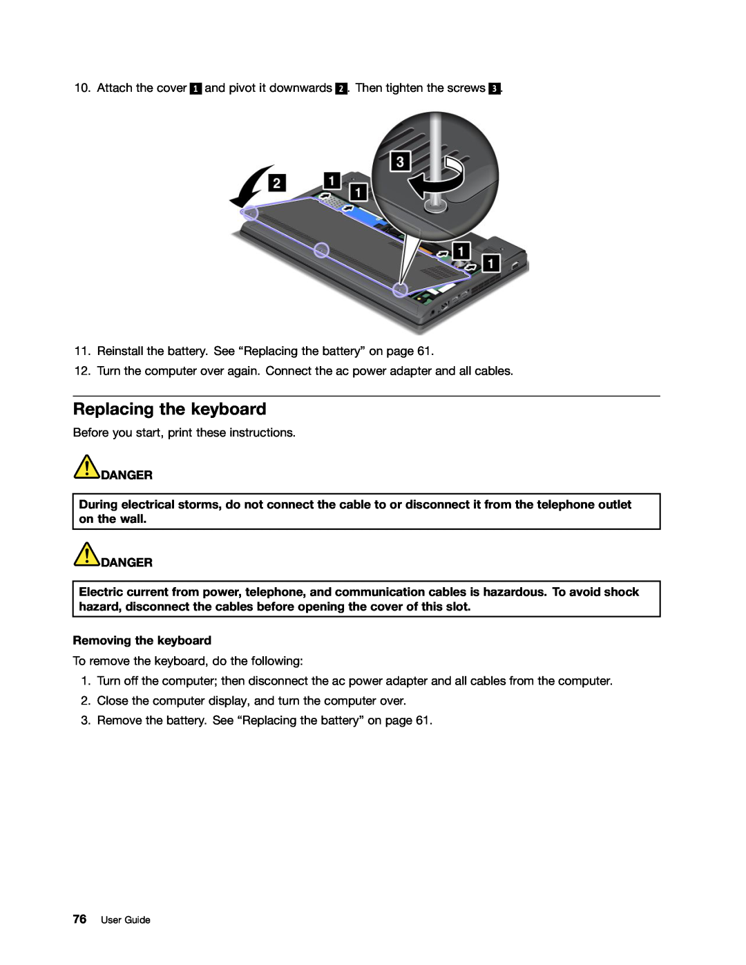Lenovo X131E manual Replacing the keyboard, Removing the keyboard, Danger, User Guide 