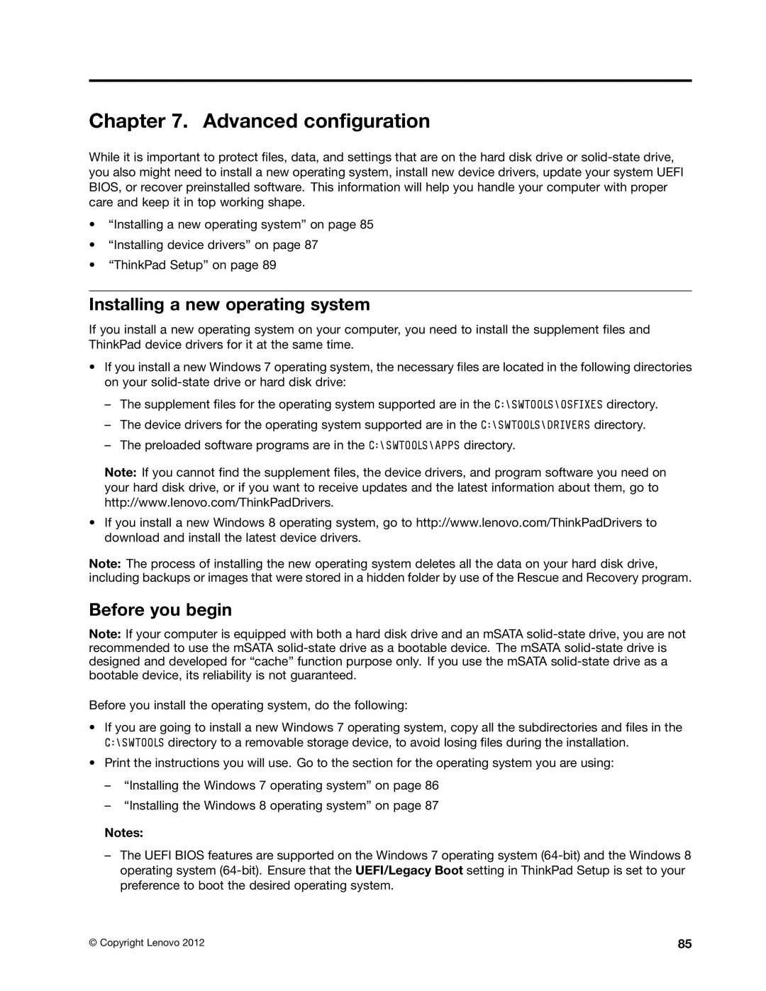 Lenovo X131E manual Advanced configuration, Installing a new operating system, Before you begin 