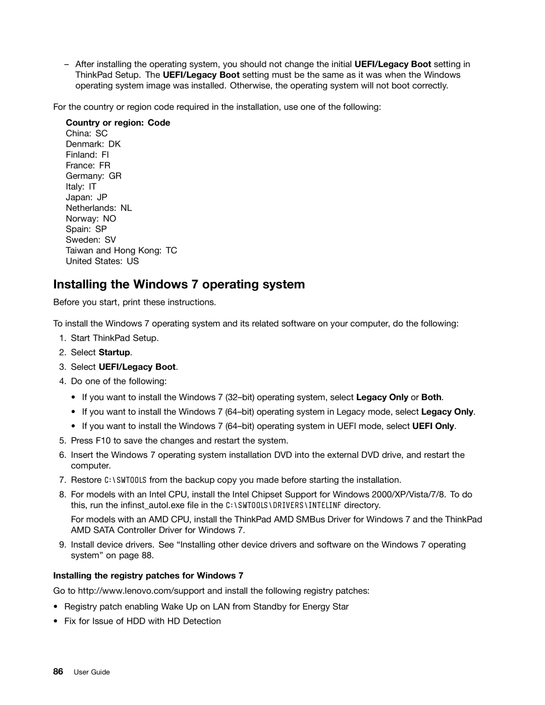 Lenovo X131E manual Installing the Windows 7 operating system, Country or region Code, Select UEFI/Legacy Boot 