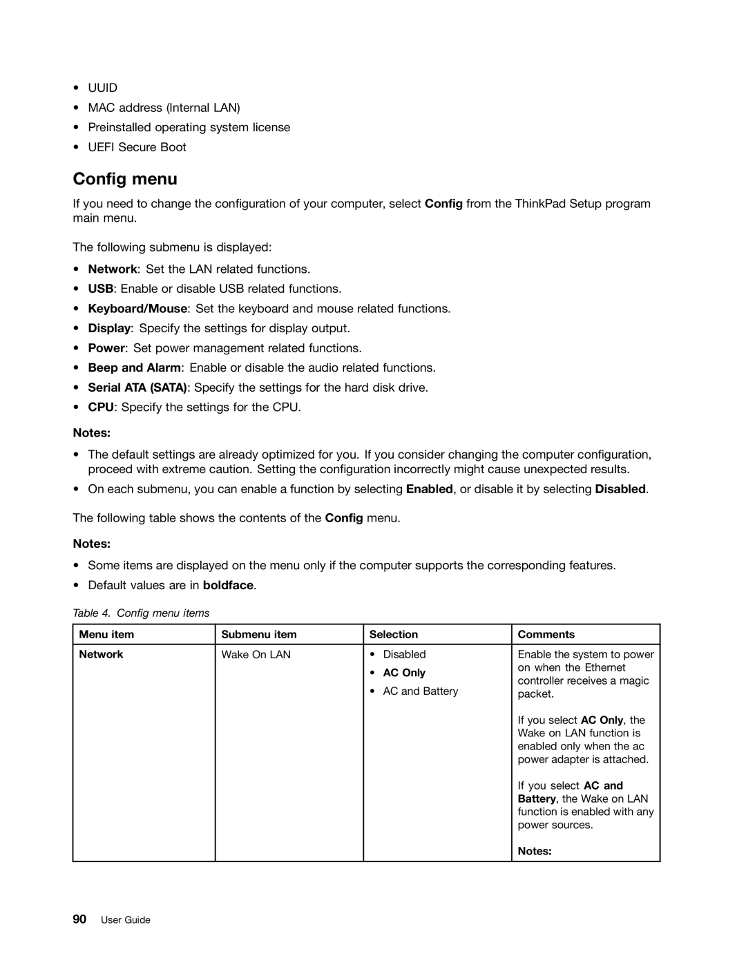 Lenovo X131E manual Config menu, Menu item Submenu item Selection Comments Network, AC Only 