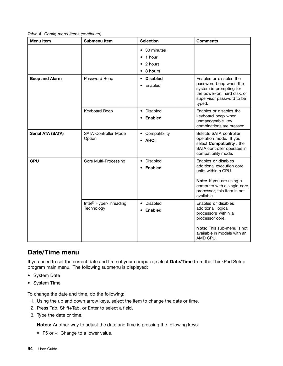 Lenovo X131E manual Date/Time menu, Hours Beep and Alarm, Serial ATA Sata, Select Compatibility 