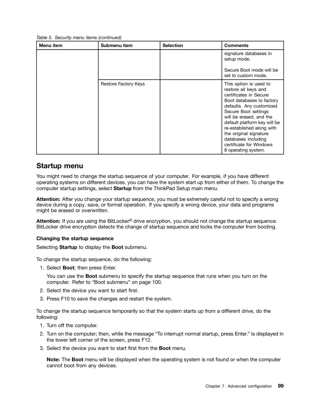 Lenovo X131E manual Startup menu, Changing the startup sequence 