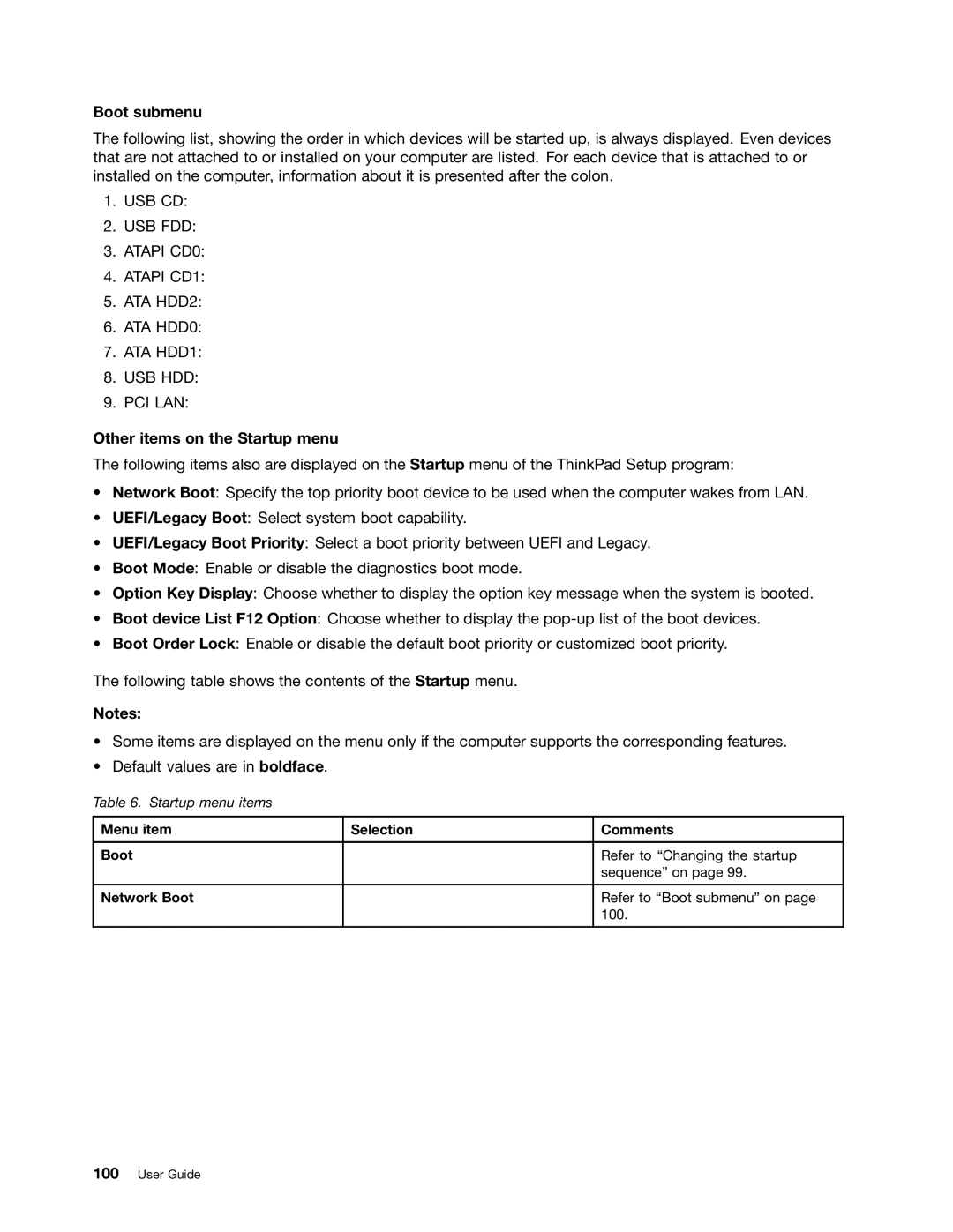 Lenovo X131E manual Boot submenu, Other items on the Startup menu, Menu item Selection Comments Boot, Network Boot 