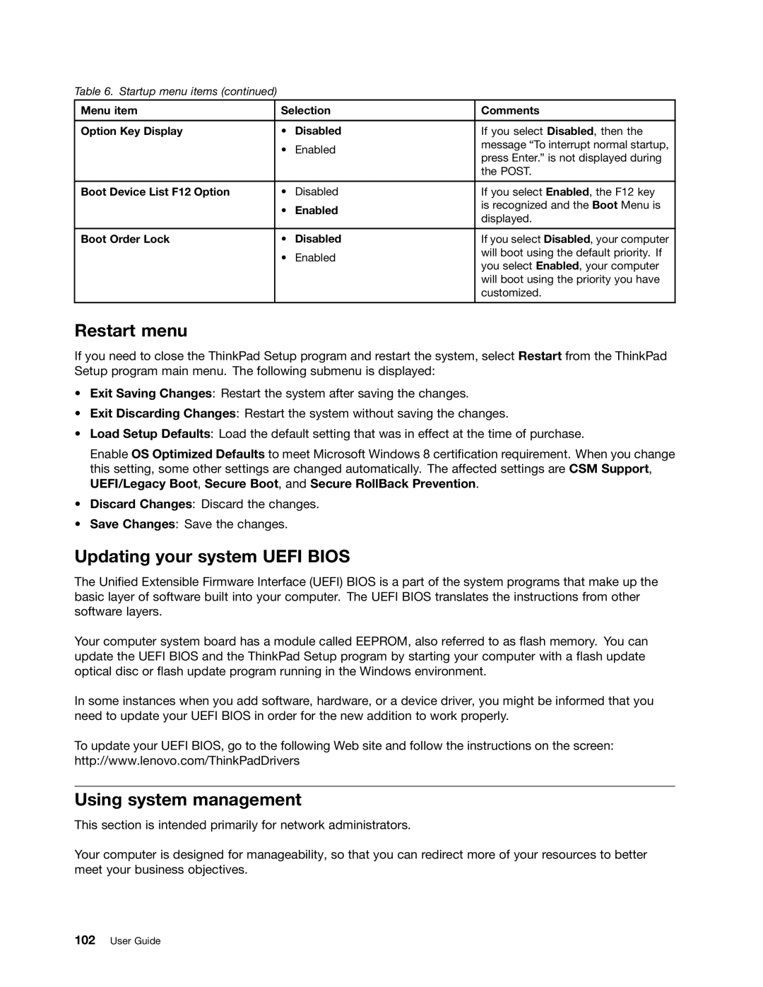 Lenovo X131E manual Restart menu, Updating your system Uefi Bios, Using system management 