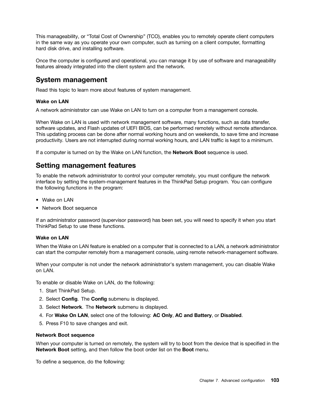 Lenovo X131E manual System management, Setting management features, Wake on LAN, Network Boot sequence 