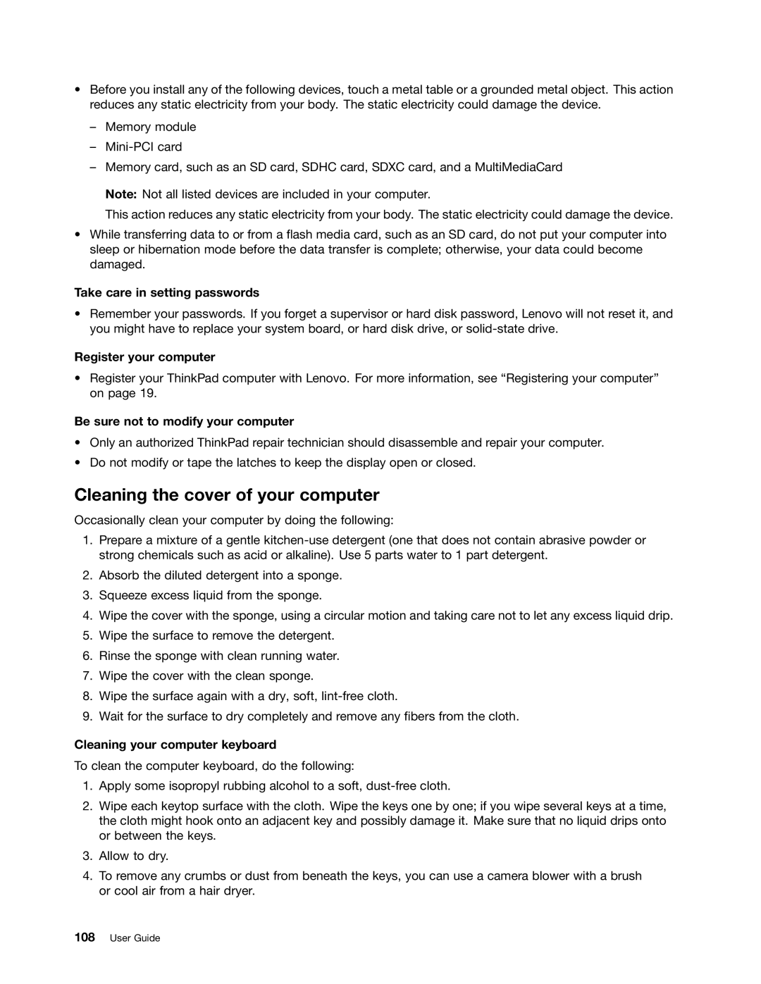 Lenovo X131E manual Cleaning the cover of your computer, Take care in setting passwords, Register your computer 