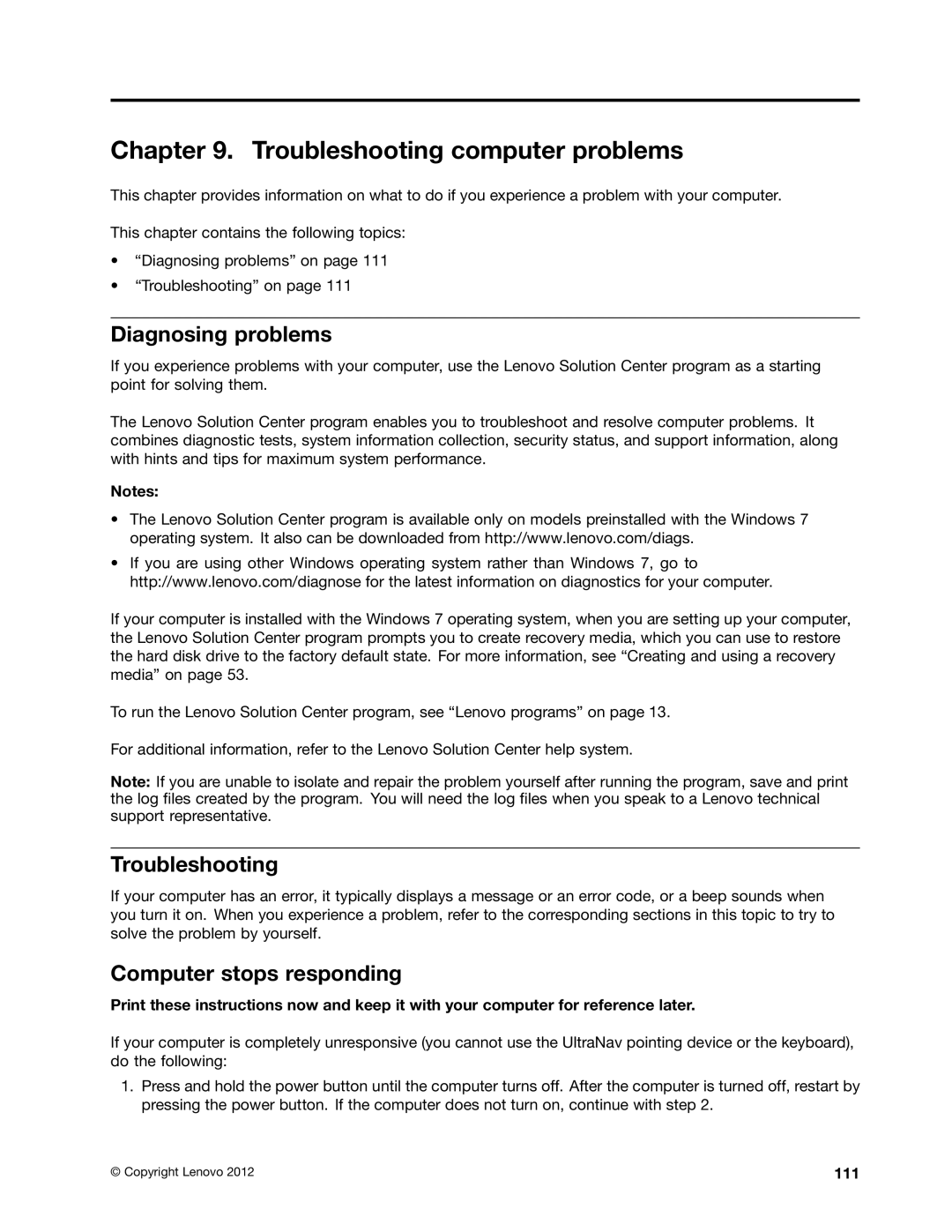 Lenovo X131E manual Troubleshooting computer problems, Diagnosing problems, Computer stops responding, 111 