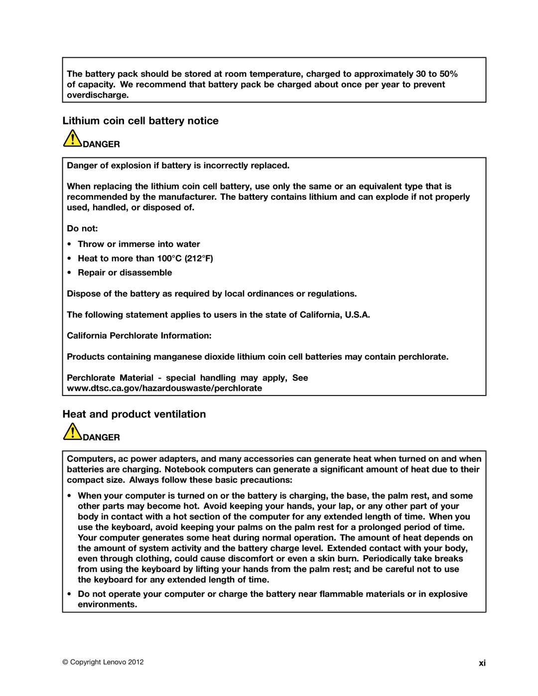 Lenovo X131E manual Lithium coin cell battery notice, Heat and product ventilation 