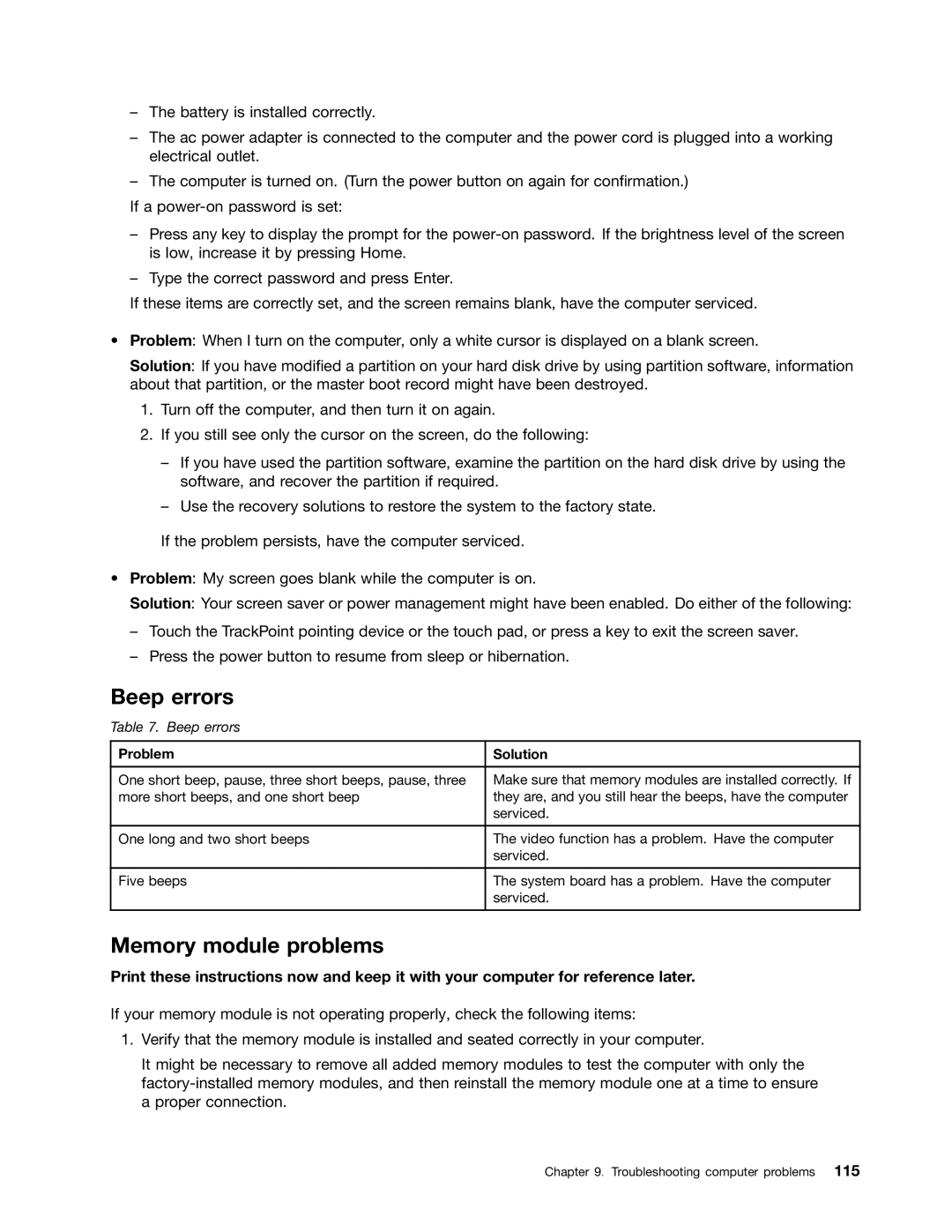 Lenovo X131E manual Beep errors, Memory module problems, Problem Solution 