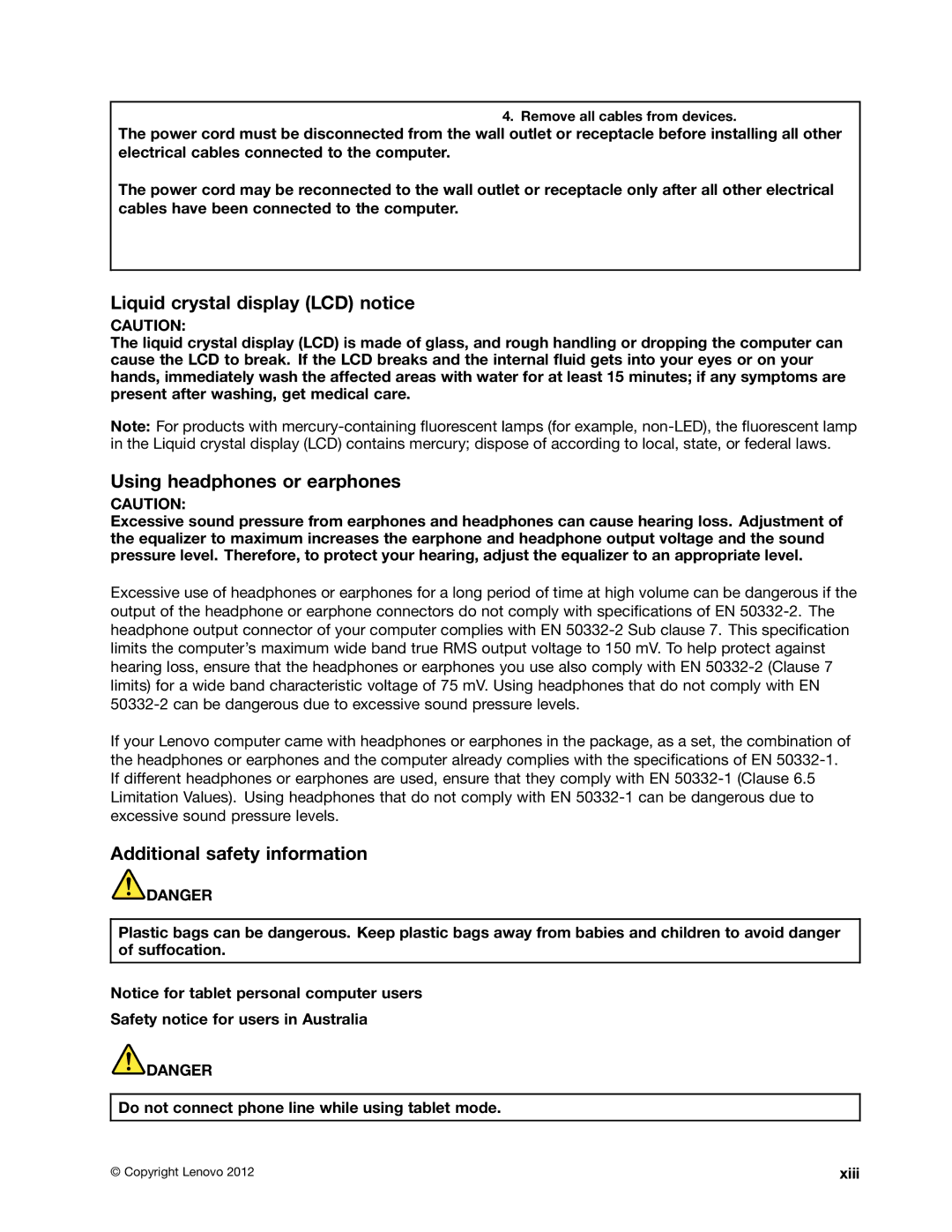 Lenovo X131E manual Liquid crystal display LCD notice, Using headphones or earphones, Additional safety information, Xiii 