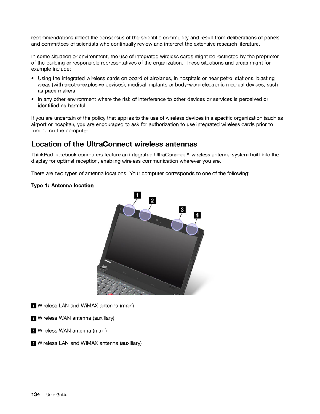 Lenovo X131E manual Location of the UltraConnect wireless antennas, Type 1 Antenna location 